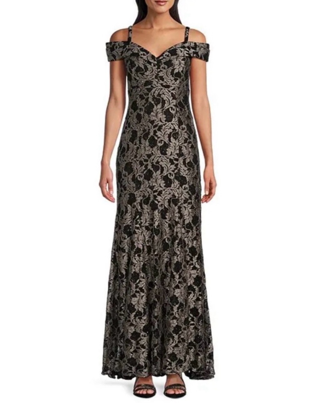 R&M RICHARDS Black & Gold Glitter Lace Off-Shoulder Gown NWOT